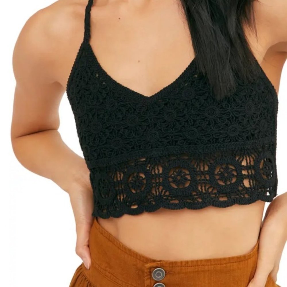 Free People Blk Sydney Crochet Halter Bralette Top